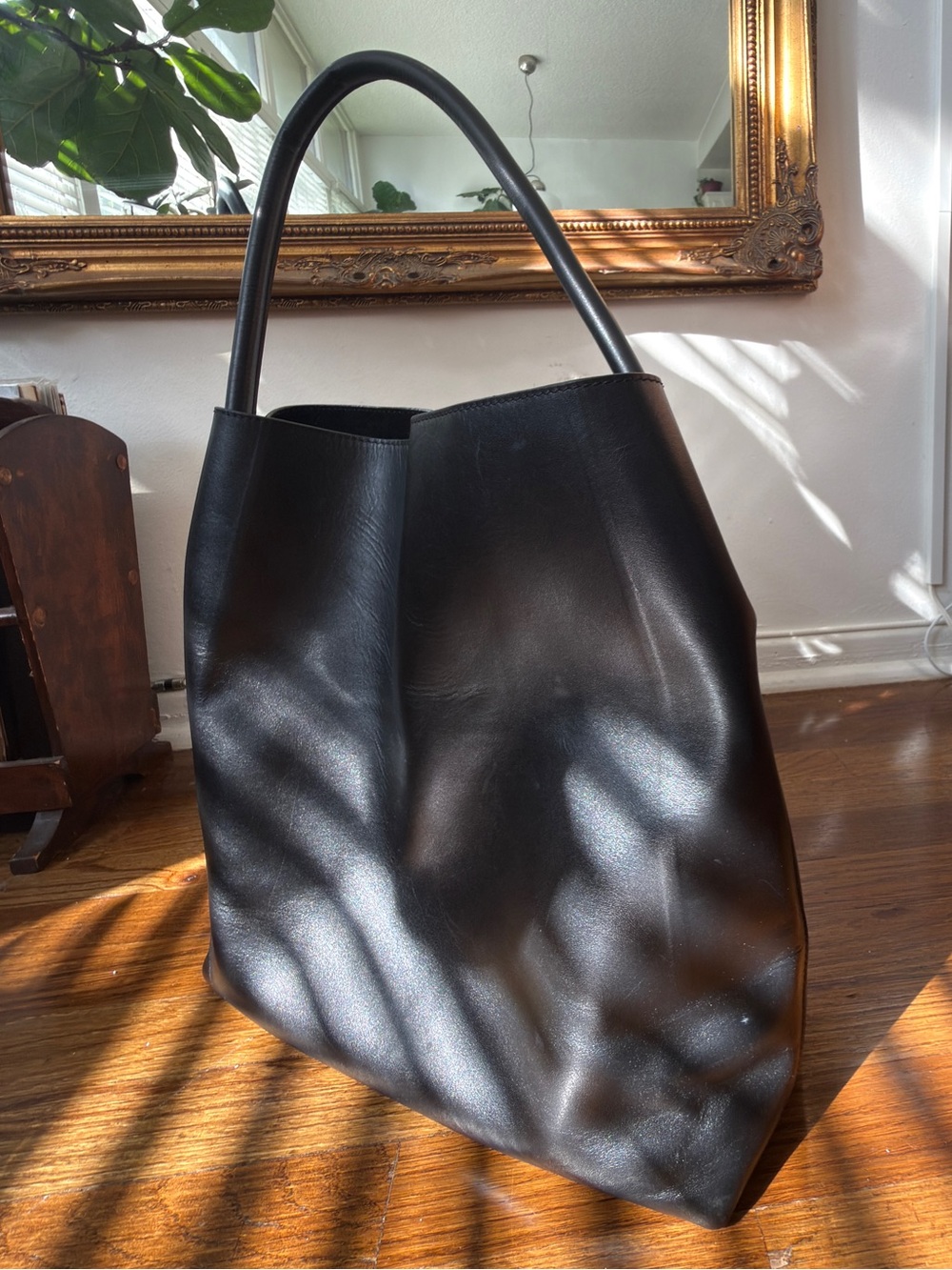 Classic Black Leather Shoulder Tote
